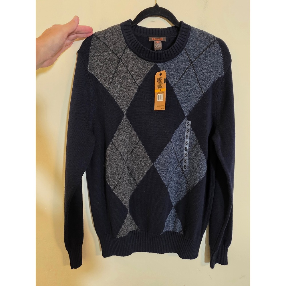 Dockers Mens Argyle Crewneck Sweater Navy Blue Grey 100% Cotton Deep Night S